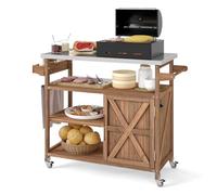 KOMFOTTEU Chariot pour Barbecue en Bois, 3 Étagères Ouvertes & 1 Armoire à Porte, Desserte de Jardin avec Porte-épices, Desserte d’Extérieur, Plan de Travail en en Acier Inoxydable, 118 x 47 x 92 cm
