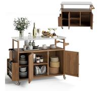 KOMFOTTEU Chariot pour Barbecue en Bois, Plan de Travail en Acier, Desserte de Jardin, 3 Étagères Ouvertes & 1 Armoire, Desserte d’Extérieur, Porte-épices & Porte-Serviettes, 130 x 47 x 92 cm
