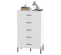 KOMFOTTEU Commode à 2/5 Tiroirs, Meuble de Rangement en Bois avec Pieds & Poignées en Métal, Armoire à Tiroirs élégante, pour Chambre, Salon, Bureau, Studio, Blanc (5 Tiroirs, 71 x 40 x 125 cm)