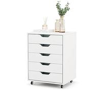 KOMFOTTEU Commode à 5 Tiroirs avec Poignées cachées, Caisson de Rangement mobile avec 2 Roulettes verrouillées, Commode de Chiffonnier en Bois, pour Bureau, Salon, 49 x 40 x 65 cm, blanc