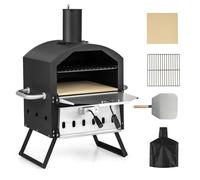 KOMFOTTEU Four à Pizza ouvert pour l'Extérieur, 2 Sections, 600°C, Four en Bois portable en Acier inoxydable, Mini-four avec Pierre à Pizza, Spatule à Pizza, Grille, Couvercle étanche, 54 x 31 x 72 cm