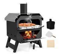 KOMFOTTEU Four à Pizza pour d'Extérieur avec Pierre à Pizza & Pelle à Pizzas, Gril en Bois portable avec Housse de Protection, Four Pizaas en Acier inoxydable, pour BBQ, Camping, Fête, Noir