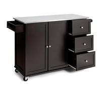 KOMFOTTEU Îlot Central Mobile avec Plan de Travail en Acier Inoxydable, Chariot de Cuisine avec 3 Tiroirs, Porte-Serviettes et Étagère réglable, Desserte sur roulettes, 135 x 45,5 x 91,5 cm (Brun)