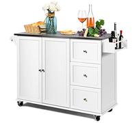 KOMFOTTEU Îlot Central Mobile avec Plan de Travail en Acier Inoxydable, Chariot de Cuisine avec 3 Tiroirs, Porte-Serviettes et Étagère réglable, Desserte sur roulettes, 135 x 45,5 x 91,5 cm (Blanc)