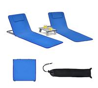 KOMFOTTEU Lot de 2 Matela de Plage Pliable avec Table Basse, Tapis de Plage, Dossier réglable en 5 Positions, Lits de Plage avec Appuie-tête, Portable avec Bandoulière, 151 x 55,5 cm (Bleu)