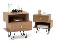KOMFOTTEU Lot de 2 Tables de Chevet avec 1 Compartiment & 1 Tiroir Amovible, Table de Nuit, Pieds métalliques, Tables d'Appoint en Bois, pour Chambre, Salon, Bureau, 39 x 29 x 47 cm (Naturel)