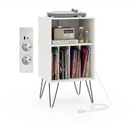 KOMFOTTEU Meuble Platine Vinyle, 2 Prises européenne, 1 USB,1 Type-C Blanc | Meuble Tourne-Disque, 5 Casiers, Meuble HiFi 2 Prises + USB-C, Stockage Disques, Pieds Métals, 48 x 40 x 88 cm
