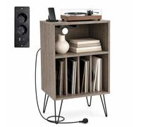 KOMFOTTEU Meuble Platine Vinyle, 2 Prises européenne, 1 USB,1 Type-C Chêne | Meuble Tourne-Disque, 5 Casiers, Meuble HiFi 2 Prises + USB-C, Stockage Disques, Pieds Métals, 48 x 40 x 88 cm