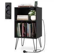 KOMFOTTEU Meuble Platine Vinyle, 2 Prises européenne, 1 USB,1 Type-C, Noir | Meuble Tourne-Disque, 5 Casiers, Meuble HiFi 2 Prises + USB-C, Stockage Disques, Pieds Métals, 48 x 40 x 88 cm