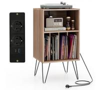 KOMFOTTEU Meuble Platine Vinyle avec 2 Prises Standard européenne, 1 USB,1 Type-C, Meuble Tourne-Disque, 5 Casiers, Table d’Appoint Multifonction, Pieds Métals, 48 x 40 x 88 cm (Couleur Noye)