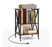 KOMFOTTEU Meuble Platine Vinyle avec Prises Standard européenne, Meuble Tourne-Disque à roulettes, Table d’Appoint à 3 Noveaux, Multifonction, 52 x 45 x 75 cm, Marron