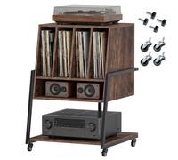 KOMFOTTEU Meuble Platine Vinyle avec Roulette, Support de Tourne-Disque, Compartiments & Étagère inférieure, Meuble Tourne-Disque, 54 x 57 x 76,5 cm (Marron, sans Station de Recharge)