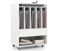 KOMFOTTEU Meuble Platine Vinyle avec roulettes, Meuble Tourne-Disque, 5 Compartiments, Tiroir, Étagère inférieure et Crochets, Armoire pour jusqu'à 180 Albums, 52 x 35,5 x 73 cm (Blanc)