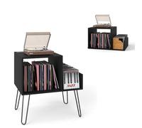 KOMFOTTEU Meuble Platine Vinyle avec Station de Charge, pour jusqu'à 145 Albums, Support de Tourne-Disque, Séparateurs et Étagère latérale, Étagère de présentation (Noir)