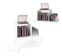 KOMFOTTEU Meuble Platine Vinyle avec Station de Charge, pour jusqu'à 145 Albums, Support de Tourne-Disque, Séparateurs et Étagère latérale, Étagère de présentation (Blanc)