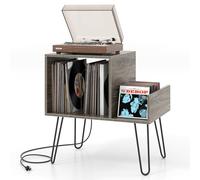 KOMFOTTEU Meuble Platine Vinyle avec Station de Charge, pour jusqu'à 145 Albums, Support de Tourne-Disque, Séparateurs et Étagère latérale, Étagère de présentation (Gris)