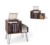 KOMFOTTEU Meuble Platine Vinyle avec Station de Charge, pour jusqu'à 145 Albums, Support de Tourne-Disque, Séparateurs et Étagère latérale, Étagère de présentation (Noyer)