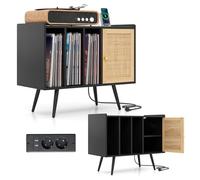 KOMFOTTEU Meuble Platine Vinyle avec Station de Charge, Support de Tourne-Disque, 3 Étagères Ouvertes & 1 Armoire à Porte, Meuble Tourne-Disque pour jusqu'à 220 Albums, 80 x 40 x 65 cm (Noir)