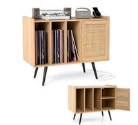 KOMFOTTEU Meuble Platine Vinyle avec Station de Charge, Support de Tourne-Disque, 3 Étagères Ouvertes & 1 Armoire à Porte, Meuble Tourne-Disque pour jusqu'à 220 Albums, 80 x 40 x 65 cm (Naturel)