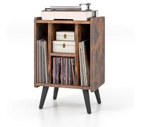 KOMFOTTEU Meuble Platine Vinyle avec Station de Charge, Support de Tourne-Disque, 4 Compartiments Ouverts, Étagère de présentation, Meuble Tourne-Disque, 43 x 34,5 x 67,5 cm (Marron)