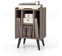 KOMFOTTEU Meuble Platine Vinyle avec Station de Charge, Support de Tourne-Disque, 4 Compartiments Ouverts, Étagère de présentation, Meuble Tourne-Disque, 43 x 34,5 x 67,5 cm (Gris)