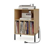 KOMFOTTEU Meuble Platine Vinyle avec Station de Charge, Support de Tourne-Disque, avec 5 Compartiments Ouverts, Meuble Tourne-Disque, pour jusqu'à 150 Albums, 53 x 45 x 78,5 cm (Naturel)