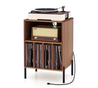 KOMFOTTEU Meuble Platine Vinyle avec Station de Charge, Support de Tourne-Disque, avec 5 Compartiments Ouverts, Meuble Tourne-Disque, pour jusqu'à 150 Albums, 53 x 45 x 78,5 cm (Noyer)