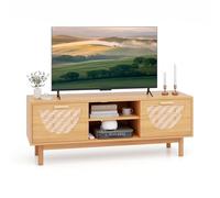 KOMFOTTEU Meuble TV en Bois pour TV jusqu'à 55”, Pieds en Bois Massif, Banc TV avec 2 Tiroirs & Étagère Ouverte à 2 Niveaux, Table TV, Style Bohême, 120 x 35 x 45,5 cm, Naturel