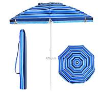KOMFOTTEU Parasol de Plage 200 cm avec Porte-gobelet et Sac de Transport, Rond, Ajustable de deux Côtés à 30°, pour Terrasse, Balcon, Jardin (Rayure Bleu Foncé)