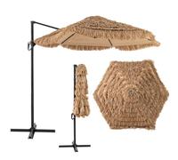 KOMFOTTEU Parasol Déporté Hexagonal, Φ 268 cm, Parasol Exotique avec Manivelle & Base croisée, 245 cm Hauteur, Parasols de Paille simulée, Style de Hawaïen, pour Balcon, Terrasse, Piscine