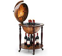 KOMFOTTEU Porte-bouteilles de Vin avec Roulettes et Étagère, Globe Bar en Bois, Chariot Mini Bar Style Classique, 60,5 x 60,5 x 95,5 cm, Capacité 25 kg