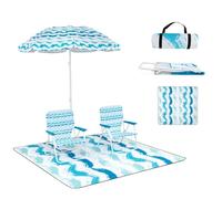 KOMFOTTEU Set de 4 Ensemble de Plage, 2 Fauteils, 1 Tapis, 1 Parasol de φ 175cm, Chaise Pliable, Charge 150KG, Parasol Inclinable Réglable à 30° avec Sac de Rangement, Tapis de Plage (Bleu)
