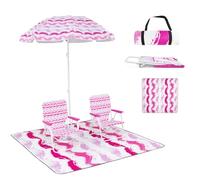 KOMFOTTEU Set de 4 Ensemble de Plage, 2 Fauteils, 1 Tapis, 1 Parasol de φ 175cm, Chaise Pliable, Charge 150KG, Parasol Inclinable Réglable à 30° avec Sac de Rangement, Tapis de Plage (Rouse)