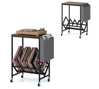 KOMFOTTEU Support de Disque Vinyle avec roulettes, Meuble Platine Vinyle avec Sac latéral & Plateau pour Platine, Meuble Tourne-Disque en Bois & Métal, 49,5 x 30 x 64 cm (Marron)