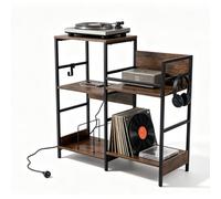 KOMFOTTEU Support Vinyle Prises, 200 Albums Meuble Platine Crochet Écouteur | Meuble Rangement Platine 3 Niveaux, 3 Crochets, Armoire Tourne-Disque, 1 Port usb & 1 Port Type-C, Style Vintage, 78x30x78cm
