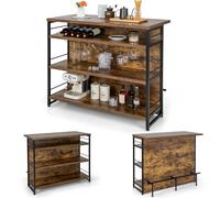 KOMFOTTEU Table de bar 2 en 1 avec espace de rangement - Armoire de bar avec 4 niveaux - Étagère à vin et support en verre - Buffet haut avec pieds réglables - 120 x 60 x 101 cm (marron)