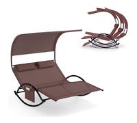 KOMFOTTEU Transat à Bascule pour 2 Personnes, Bain de Soleil Double, Charge 300 kg, Lit de Jardin avec Pare-Soleil & Appui-tête, Largeur de 119cm, pour Patio, Terrasse, Piscine (Marron)
