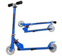 KOMFOTTEU Trottinette Enfant avec 2 roulettes, LED et Frein, Planche à roulettes Pliabl, Hauteurs réglables 63-85 cm, Scooter en Aluminium, Charge jusqu'à 70 kg, Enfants Plus de 4 Ans (Bleu Clair)