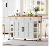 KOMHTOM 120×40×89cm Desserte de Cuisine à roulettes Multifonctionnelle avec Planche à Découper Pliable, 2 Tiroirs, 6 Étagères et 2 Portes - Buffet Rangement Moderne en MDF (Blanc)