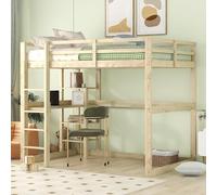 KOMHTOM 140x200cm Lit d'enfant Mezzanine avec Bureau, Lit Surélevé avec Rangement sous Le lit, Sommier à Lattes en Bois(sans Matelas) (Naturel)