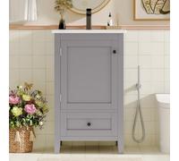 KOMHTOM 51x46x85cm Meuble de Salle de Bain sur Pied avec Lavabo Céramique, Porte, Tiroir et étagères Réglables - Armoire de Rangement Moderne en MDF - sans Robinet (Gris)
