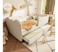 KOMHTOM 90 x 190cm Lit Simple Rembourré, Canapé-lit avec Lit gigogne, Équipé Barrières de Sécurité et Sommiers à Lattes, pour Adolescents et Adultes(sans Matelas) (Beige-Lin)