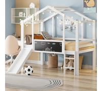KOMHTOM 90 x 200 cm Lit mi-Haut, Lit Simple en Bois Multifonctionnel avec échelle à Angle Droit, Toboggan et Tableau Noir(sans Matelas) (Blanc)