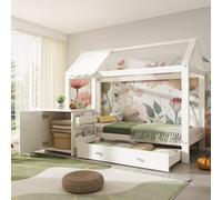 KOMHTOM 90 x 200cm Cadre de Lit Enfant en Bois, Lit de Maison, avec Table de Chevet, Grand Tiroir de Rangement sous Le lit, Sommier à Lattes(sans Matelas) (Blanc)