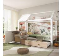 KOMHTOM 90 x 200cm Cadre de Lit Enfant en Bois, Lit de Maison, avec Table de Chevet, Grand Tiroir de Rangement sous Le lit, Sommier à Lattes(sans Matelas) (Blanc + Chêne)