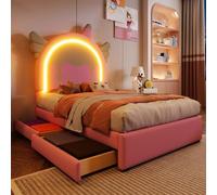 KOMHTOM 90 x 200cm Lit d'enfant avec Tête de lit en Forme de Licorne, Lit rembourré avec éclairage LED et 2 tiroirs de Rangement, Sommier à Lattes de Bois(sans Matelas)
