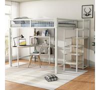 KOMHTOM 90x200/140x200cm Lit Surélevé avec Bureau et étagère de Rangement, Multifonctionnel Lit Mezzanine avec Armoire et étagère(sans Matelas) (Blanc, 140x200cm)