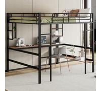 KOMHTOM 90x200/140x200cm Multifonctionnel Lit Superposé avec Bureau et étagères de Rangement, Lit en Fer avec Barrières de Sécurité(sans Matelas) (Noir, 140x200cm)