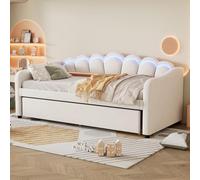 KOMHTOM 90x200cm Canapé-lit avec lit gigogne, Lit Simple Rembourré avec Lumière Ambiante et Sommier à Lattes, Style Minimaliste(sans Matelas) (Beige-A, 90x200cm)