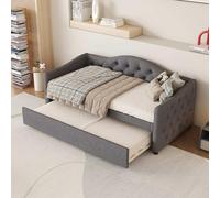 KOMHTOM 90x200cm Lit de Jour avec Tête de Lit et Sommier à Lattes, Lit Rembourré avec Lit Extensible, Canapé-lit, Lin, Style Minimaliste(sans Matelas) (Gris)